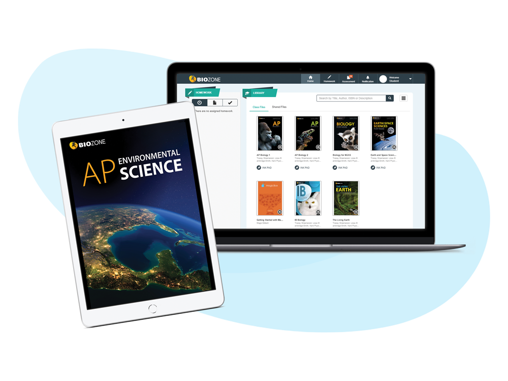 BIOZONE eBooks dashboard on a laptop, AP Environmental Science displayed on iPad