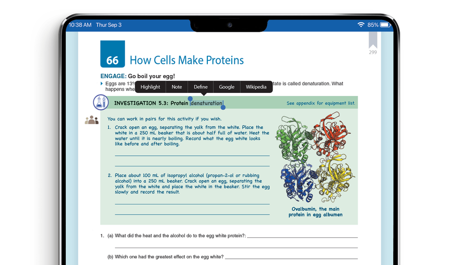 iPad showing eBook with selection tools