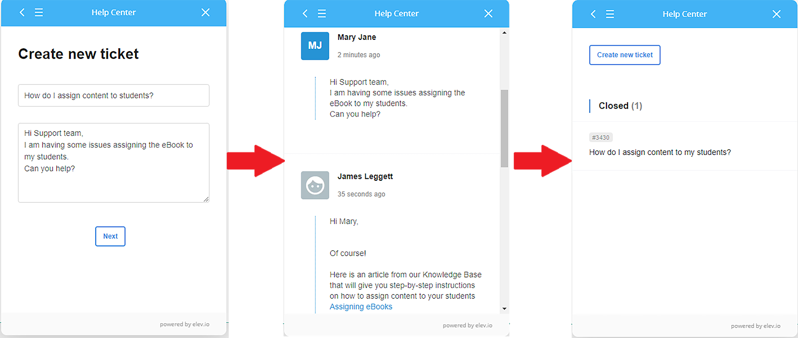 Images of a user interacting with a BIOZONE Support member through the in-app help center